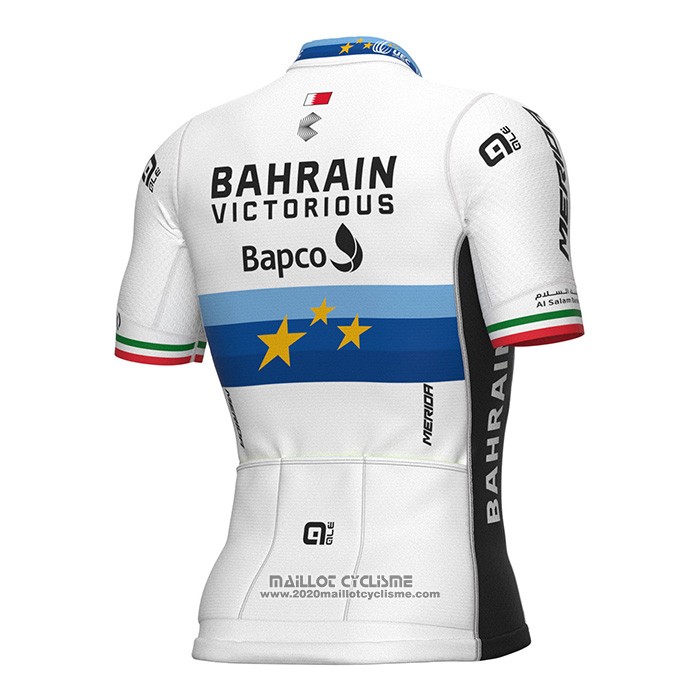 2022 Maillot Cyclisme European Champion Bahrain Victorious Bleu Blanc Manches Courtes et Cuissard